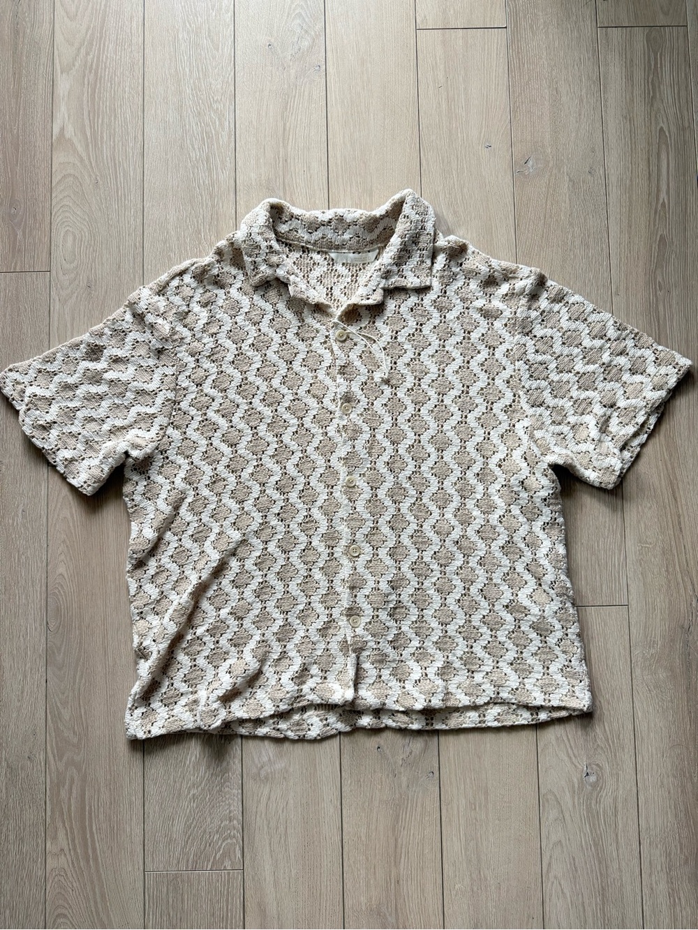 NWOT Zara Crochet Textured Camp Collar Shirt Cream Men’s Size XL